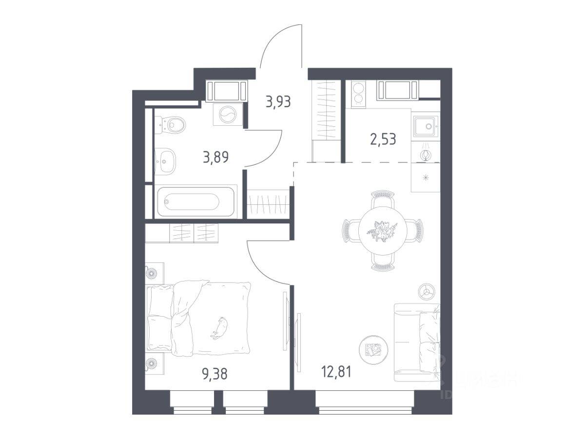 Планировка 1 комнатной квартиры, 32.54 м², в «Большое Путилково»