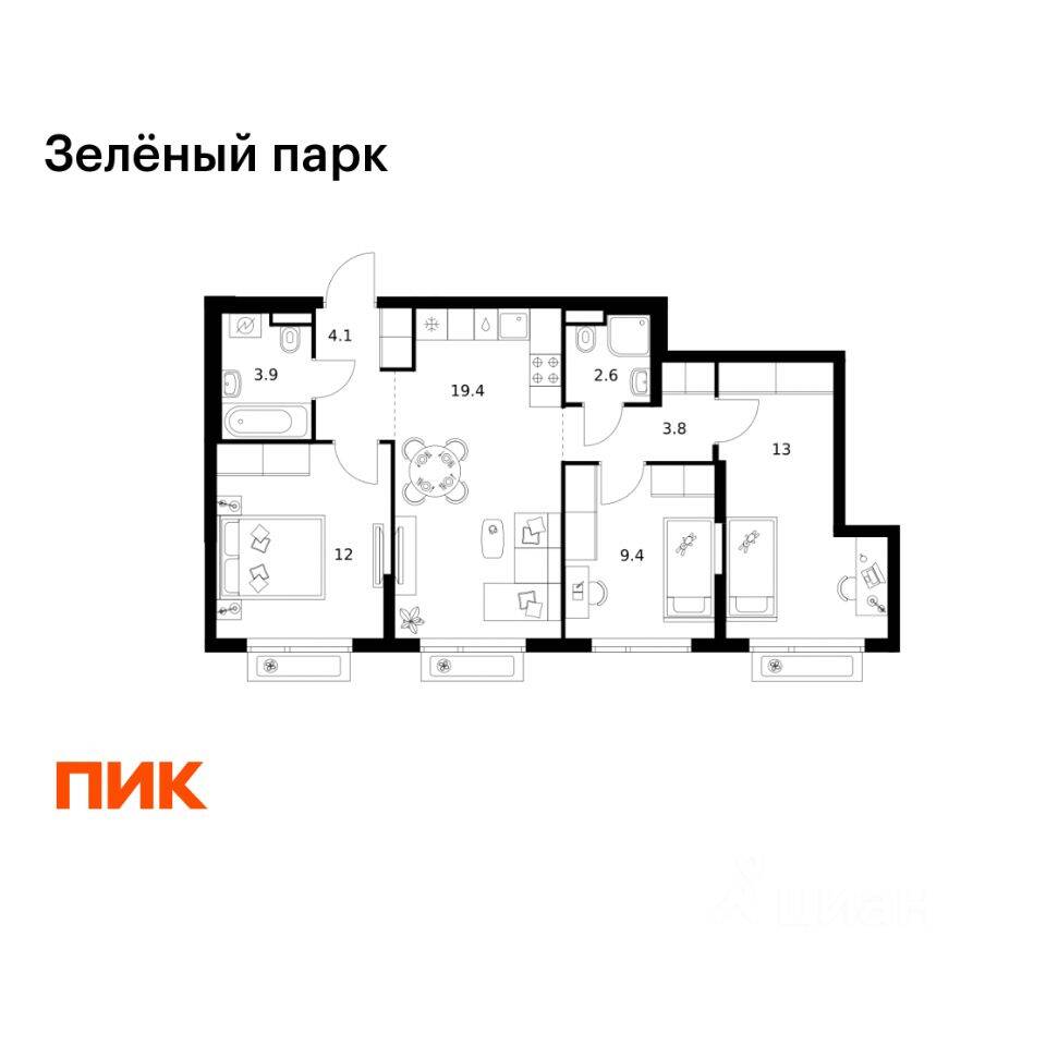 3-комн. квартира, 68,2 м², в ЖК Зеленый парк