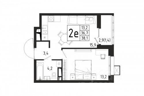 1-комн. квартира, 38,1 м², в ЖК «Берег»