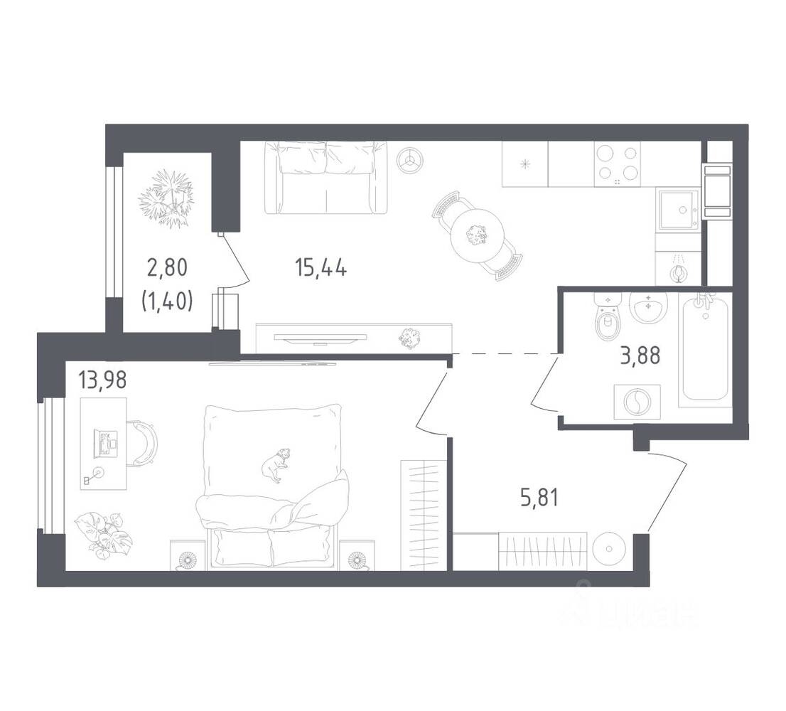 1-комн. квартира, 40,51 м², в ЖК Южная Нева