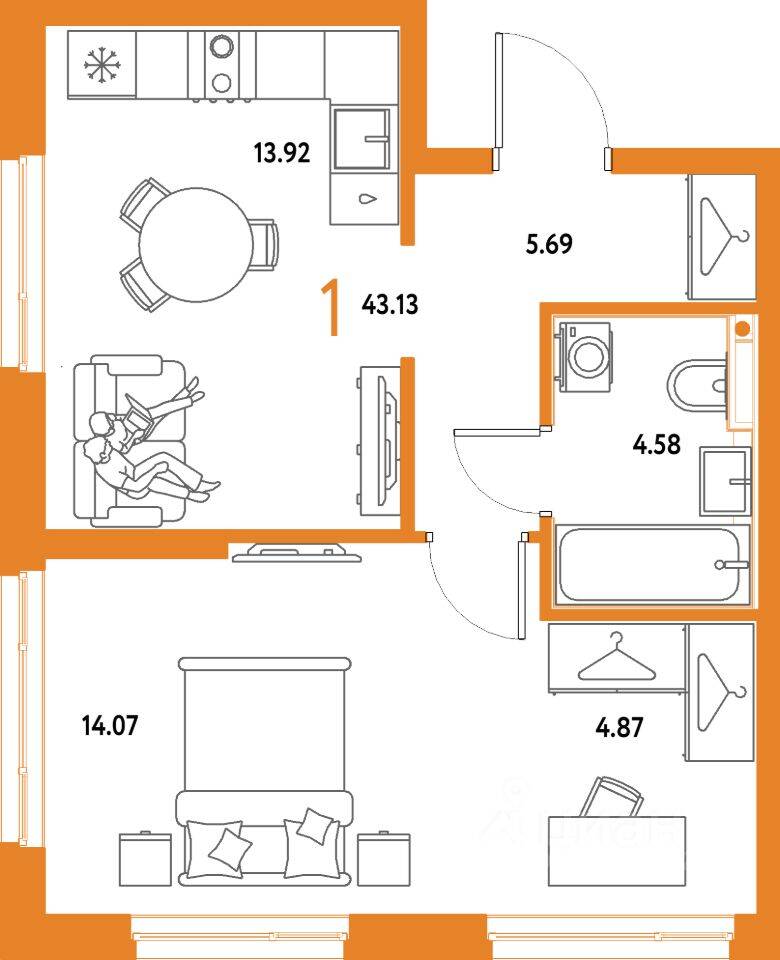 1-комн. квартира, 43,13 м², в ЖК Страна.Парковая