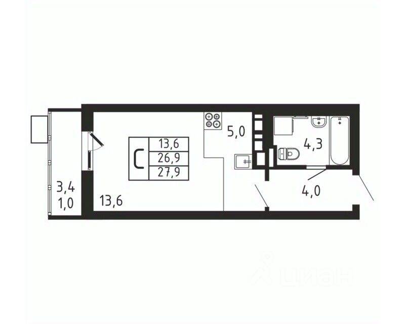 Квартира-студия, 27,9 м², в ЖК «Пироговская Ривьера»