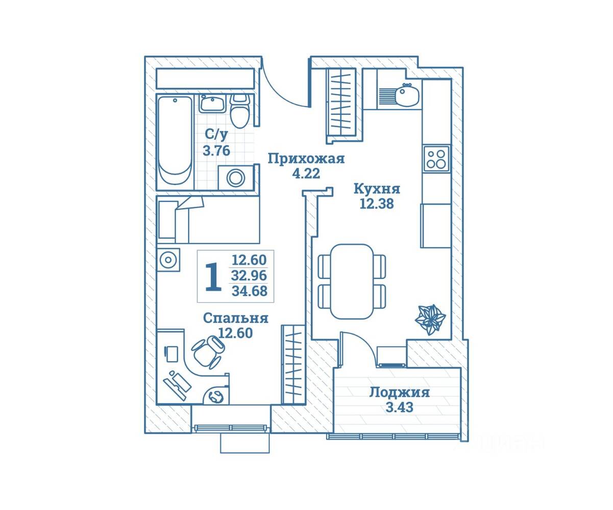 1-комн. квартира, 34,68 м², в ЖК Новоград Монино