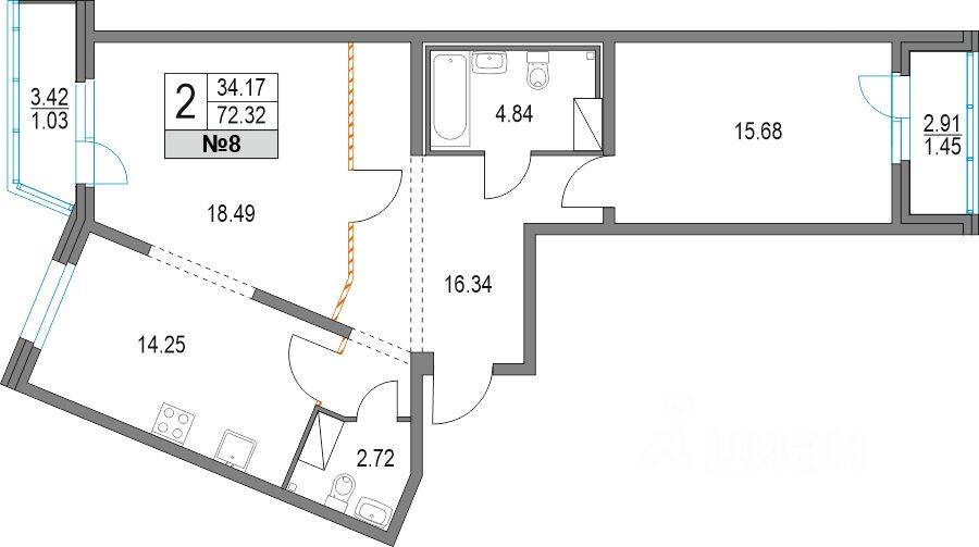 Планировка 2 комнатной квартиры, 72.1 м², в «Приморский квартал»
