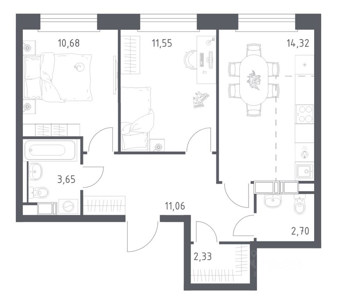2-комн. квартира, 56,29 м², в ЖК ЭкоБунино