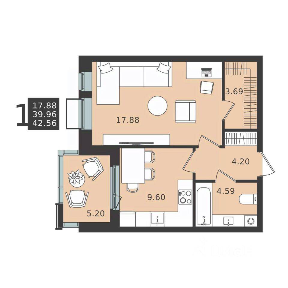 1-комн. квартира, 42,56 м², в ЖК Мишино-2