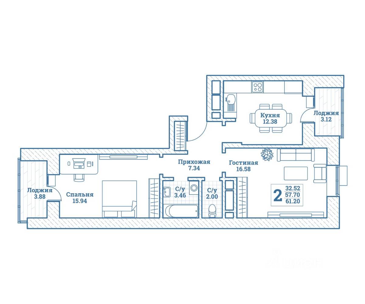 2-комн. квартира, 61,2 м², в ЖК Новоград Монино