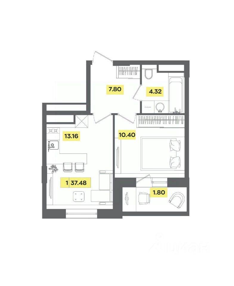 2-комн. квартира, 37,48 м², в ЖК Радость