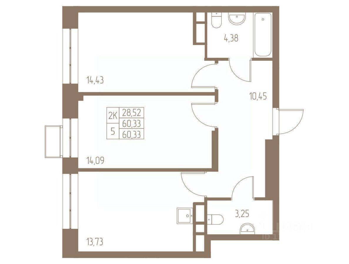 2-комн. квартира, 60,33 м², в ЖК Фабрикант