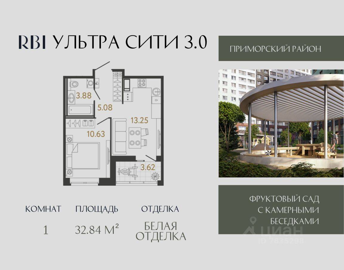 1-комн. квартира, 32,84 м², в ЖК Ультра Сити 3.0