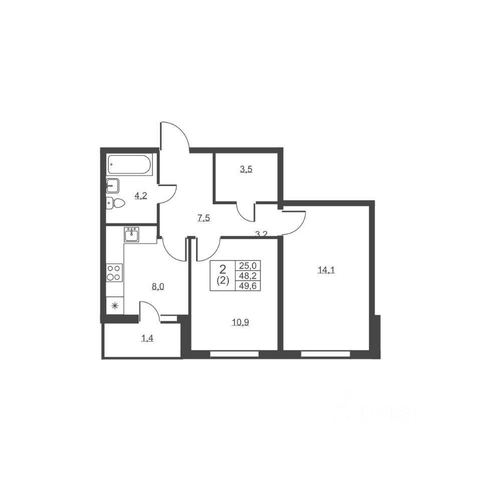 2-комн. квартира, 49,6 м², в ЖК Ермак