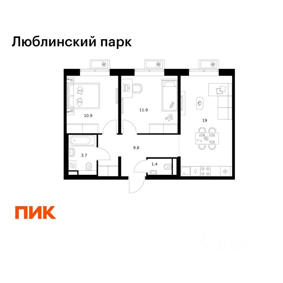 2-комн. квартира, 56,7 м², в ЖК «Люблинский парк»