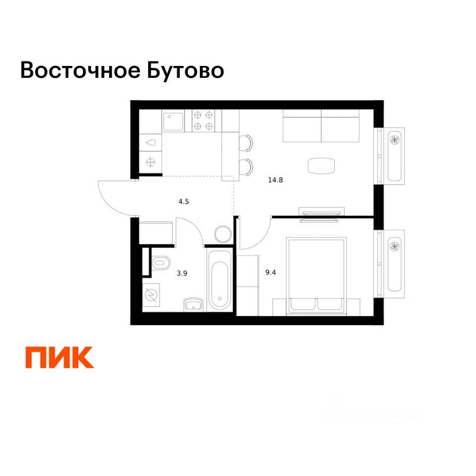 1-комн. квартира, 32,6 м², в ЖК «Восточное Бутово»