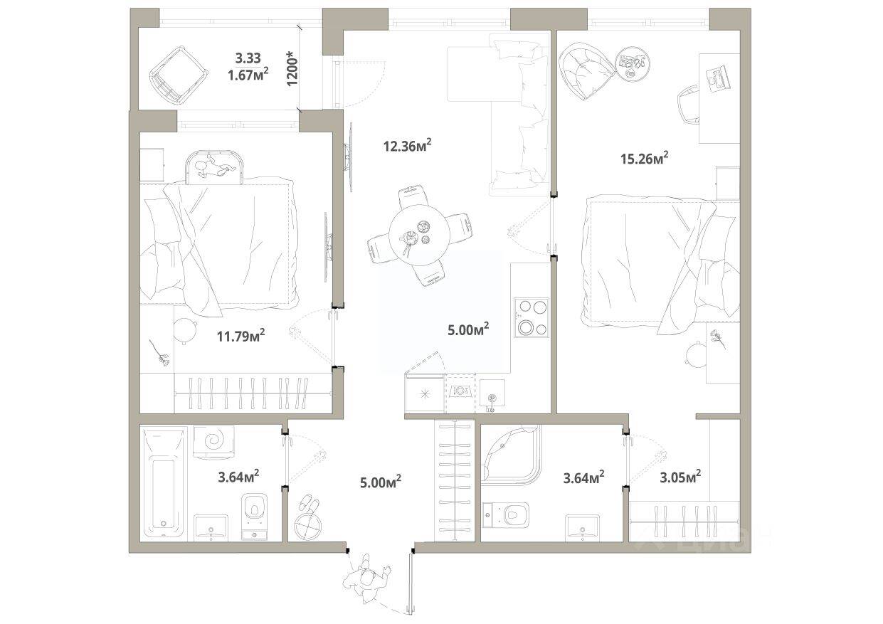 2-комн. квартира, 61,41 м², в ЖК «Тишин»