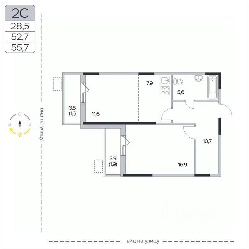 2-комн. квартира, 55,7 м², в ЖК «Пироговская Ривьера»