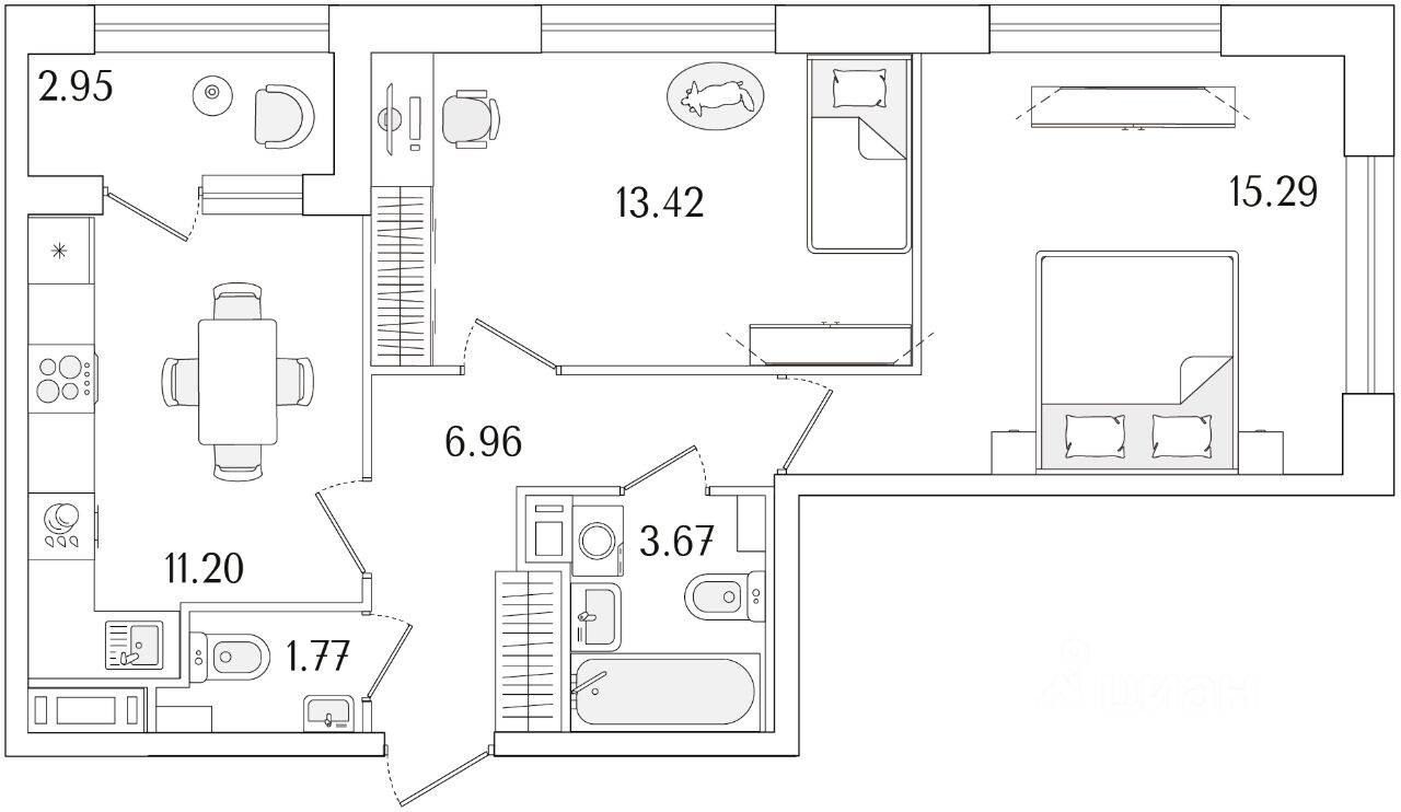 2-комн. квартира, 53,79 м², в ЖК «Аурум»