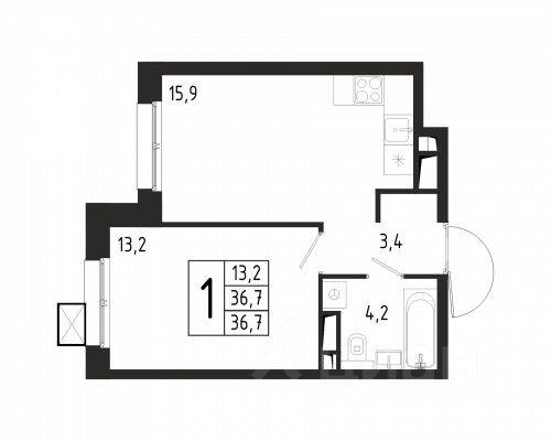Планировка 1 комнатной квартиры, 36.7 м², в «Берег»