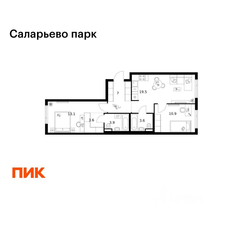 2-комн. квартира, 61,6 м², в ЖК «Саларьево парк»