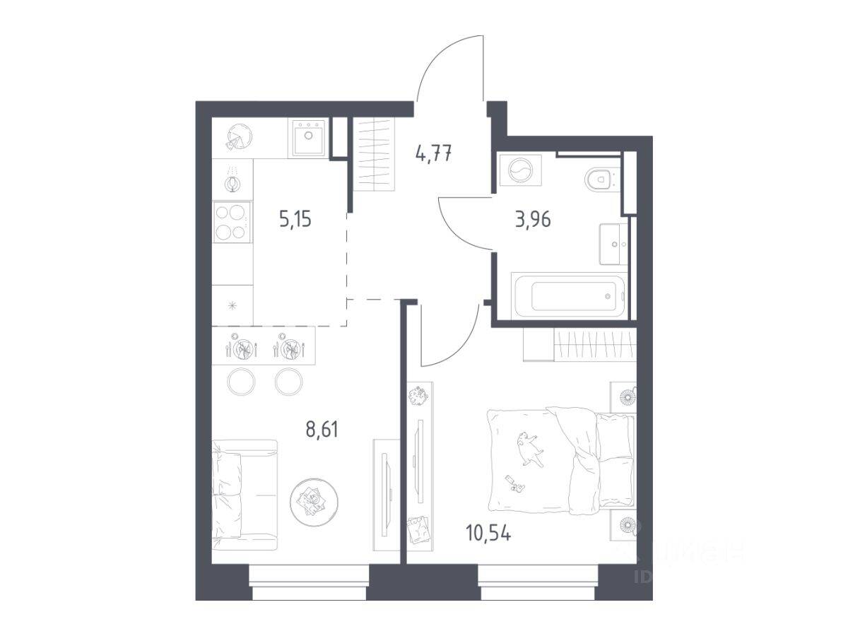 Планировка 1 комнатной квартиры, 33.03 м², в «Квартал Строгино»