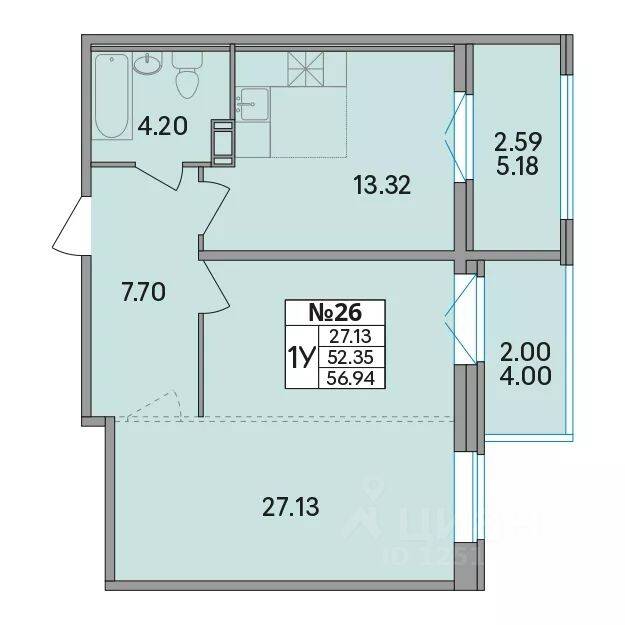 1-комн. квартира, 56,94 м², в ЖК Рождественский квартал