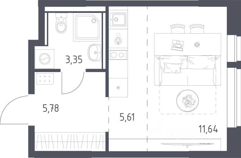 Планировка 1 комнатной квартиры, 26.38 м², в «Егорово Парк»