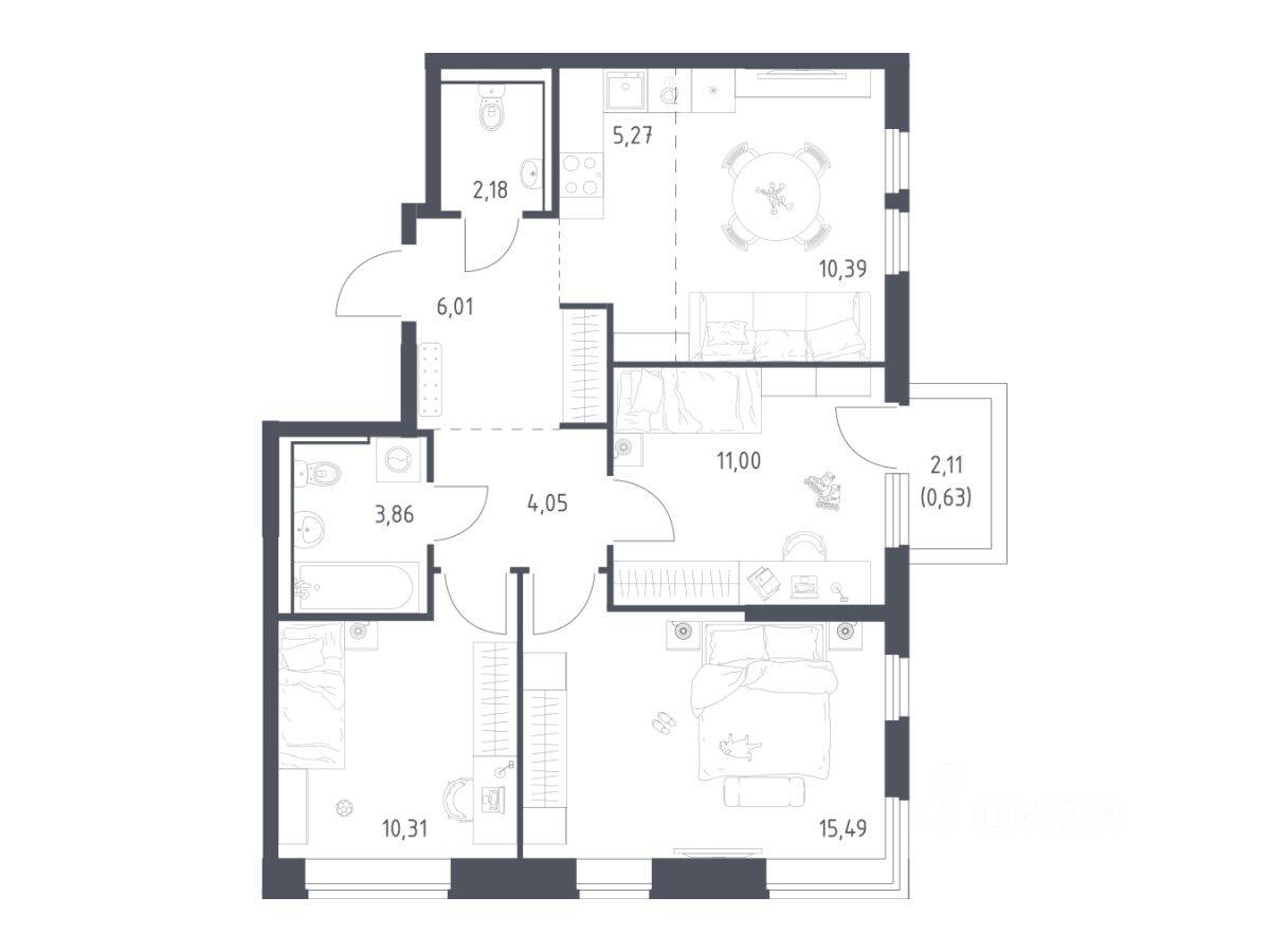 3-комн. квартира, 69,19 м², в ЖК «Пригород Лесное»