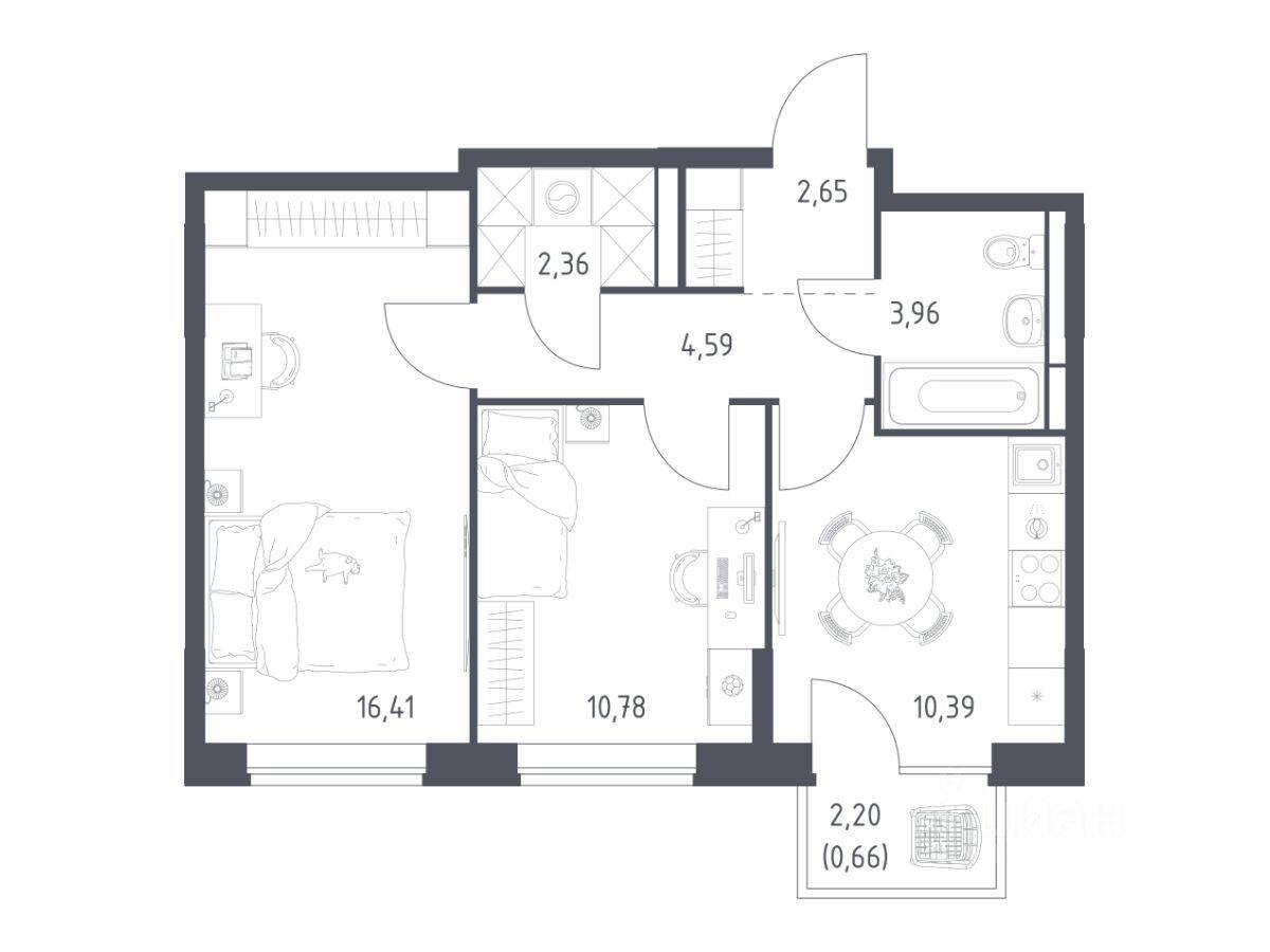 2-комн. квартира, 51,8 м², в ЖК Богдановский Лес