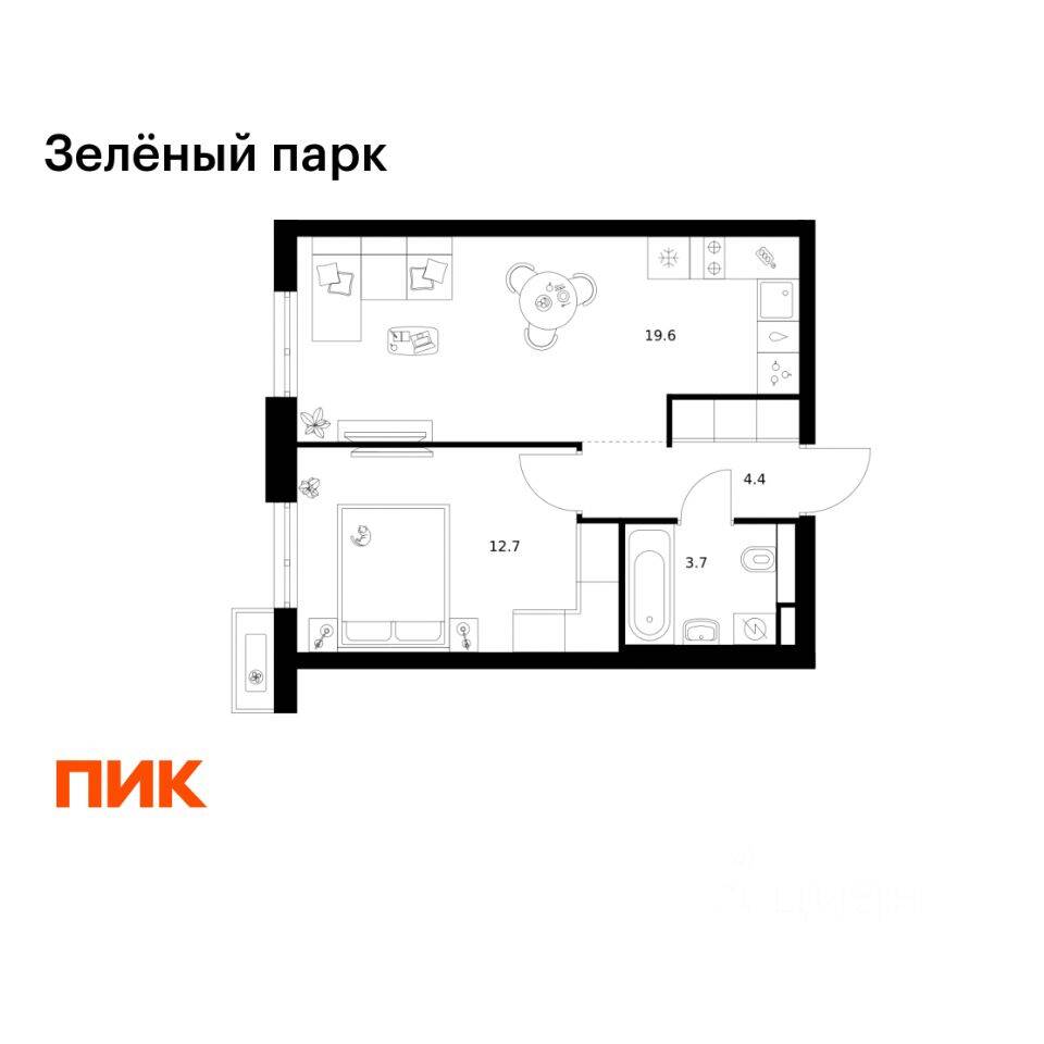 1-комн. квартира, 40,4 м², в ЖК Зеленый парк