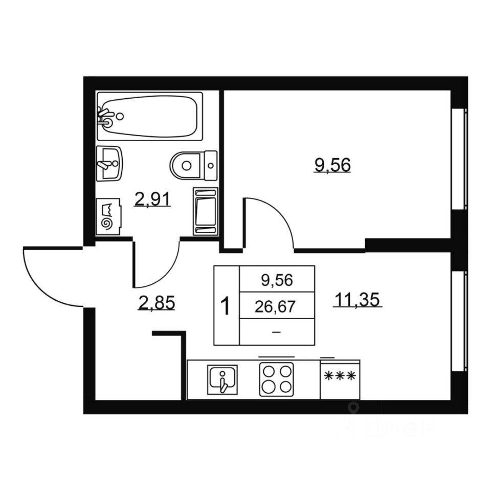 1-комн. квартира, 26,67 м², в ЖК Перспектива