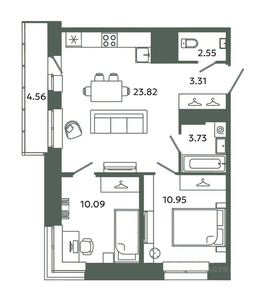 2-комн. квартира, 54,46 м², в ЖК Загляденье
