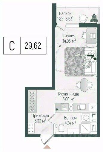 Квартира-студия, 31,44 м², в ЖК Riga Hills