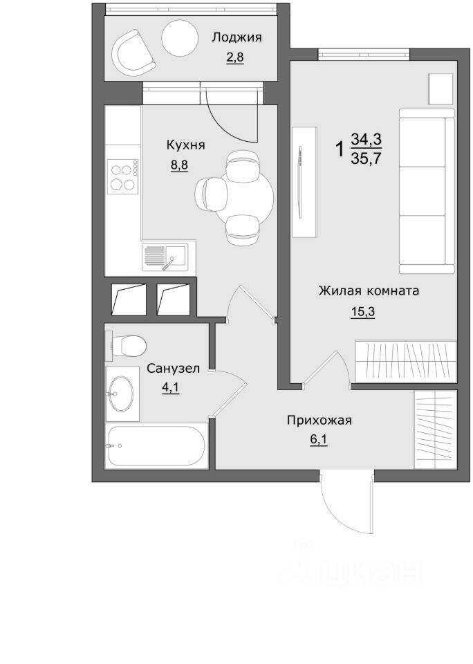 Квартира-студия, 35,5 м², в ЖК Клевер