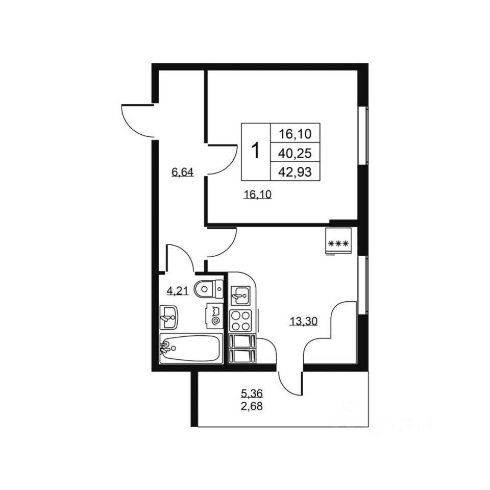 1-комн. квартира, 42,93 м², в ЖК «Высота» (Бугры)