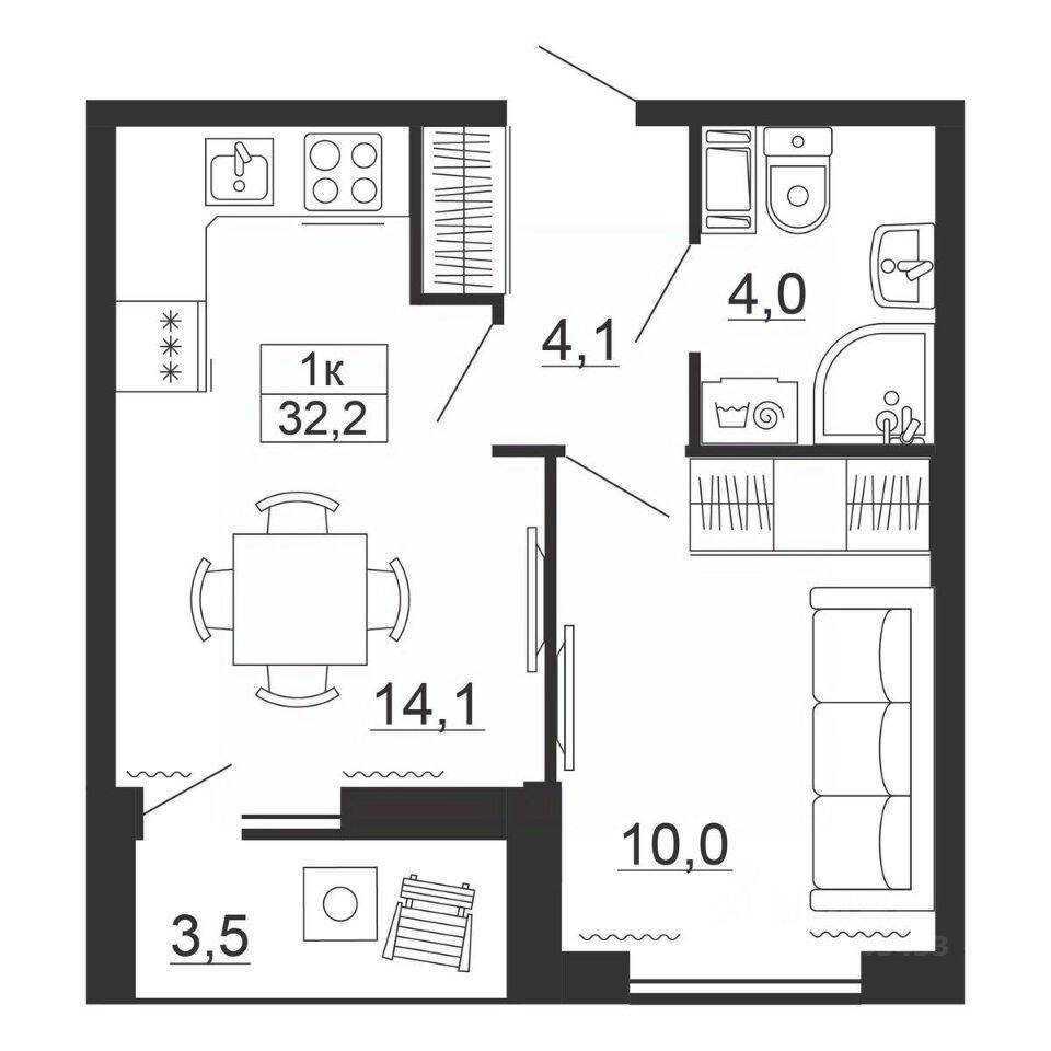 Планировка 1 комнатной квартиры, 32.2 м², в «Рубеж»