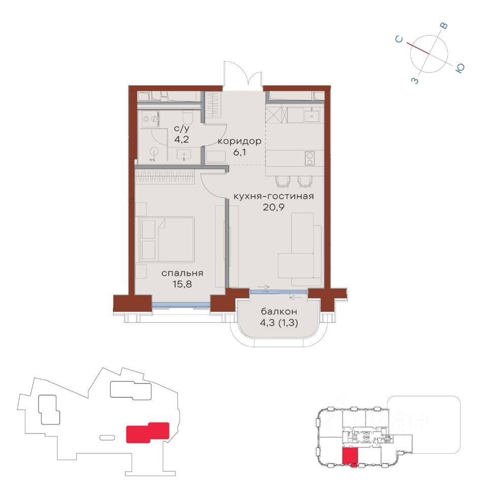 1-комн. квартира, 48,3 м², в ЖК Татарская 35