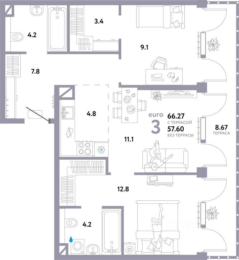 3-комн. квартира, 66,27 м², в ЖК Страна.Озерная