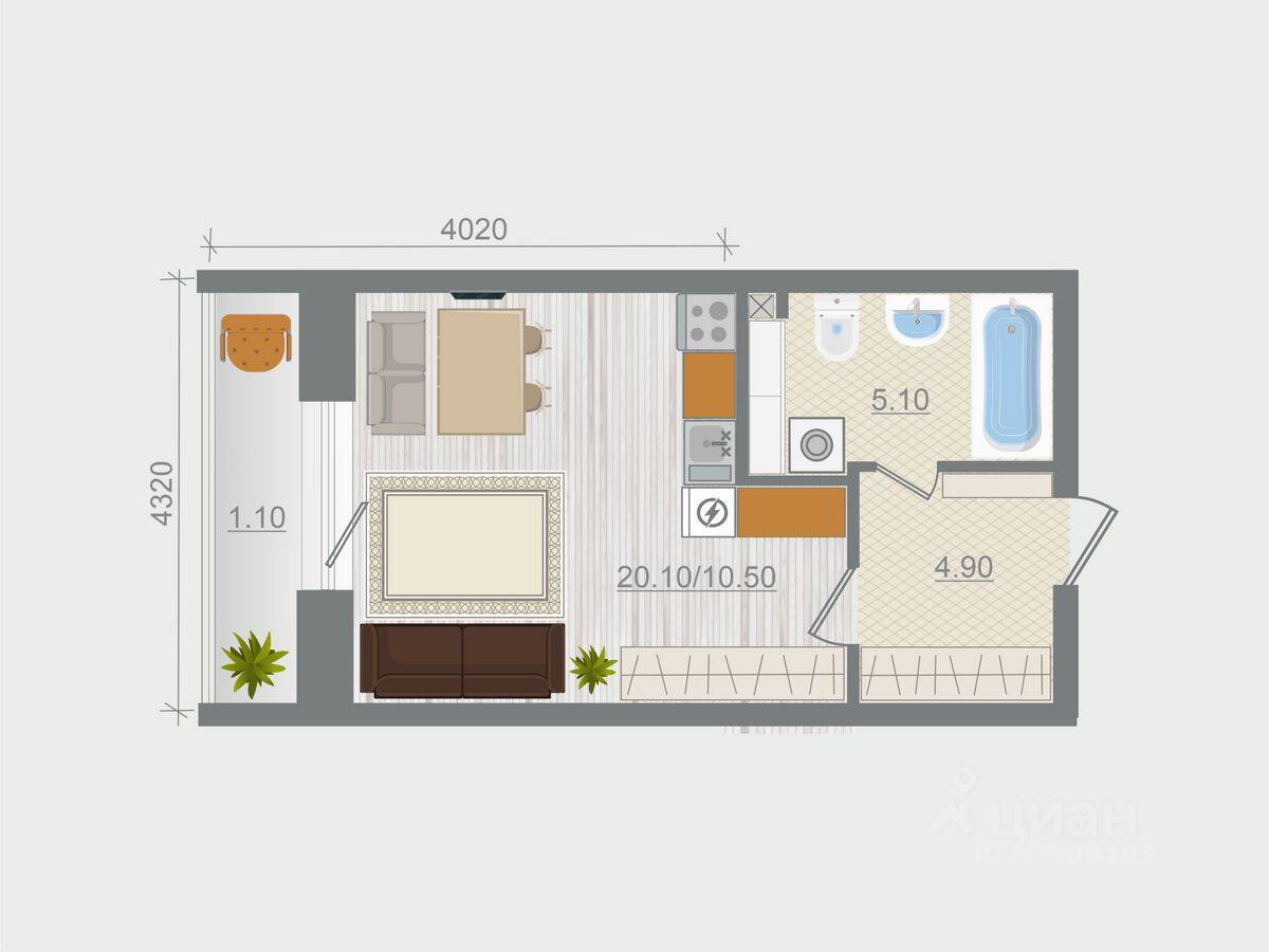 Планировка 1 комнатной квартиры, 30 м², в «Эко-квартал Гармония»
