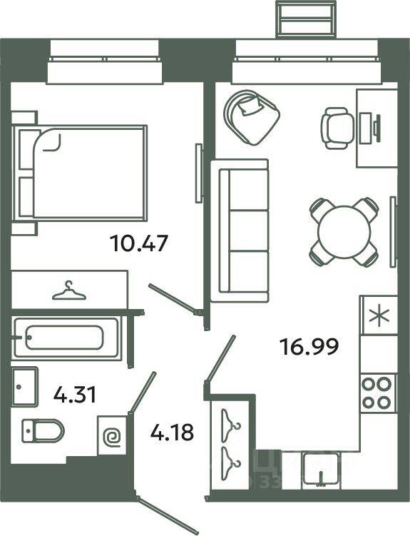1-комн. квартира, 35,95 м², в ЖК Загляденье