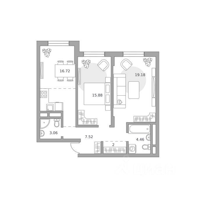 2-комн. квартира, 68,82 м², в Малоэтажный ЖК Живописный