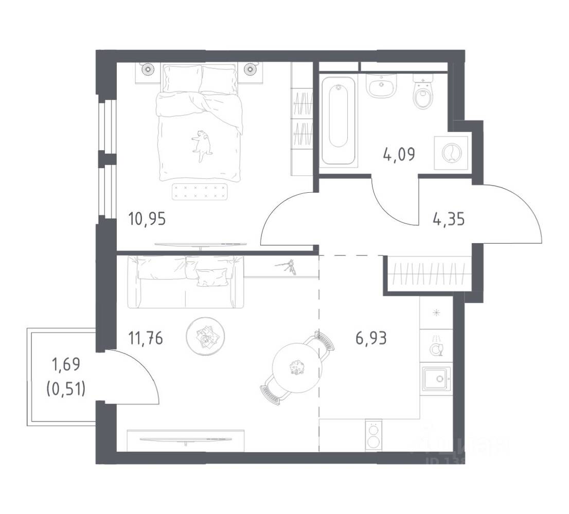 1-комн. квартира, 38,59 м², в ЖК Космический Квартал