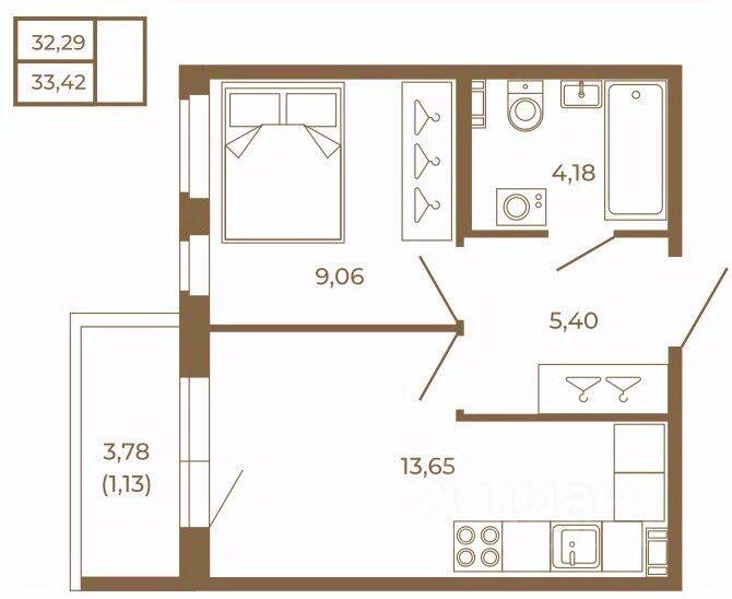 Планировка 1 комнатной квартиры, 33.42 м², в «Новая история»