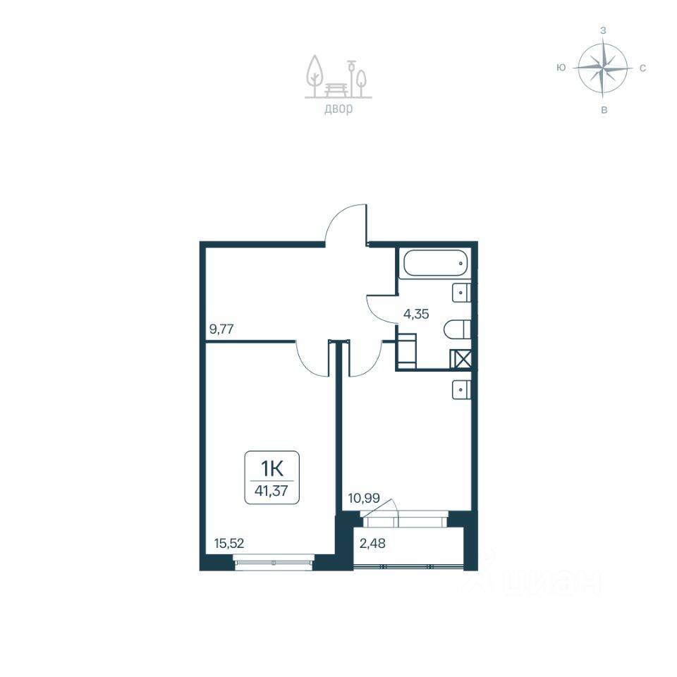 Планировка 1 комнатной квартиры, 41.37 м², в «Расцветай в Янино»