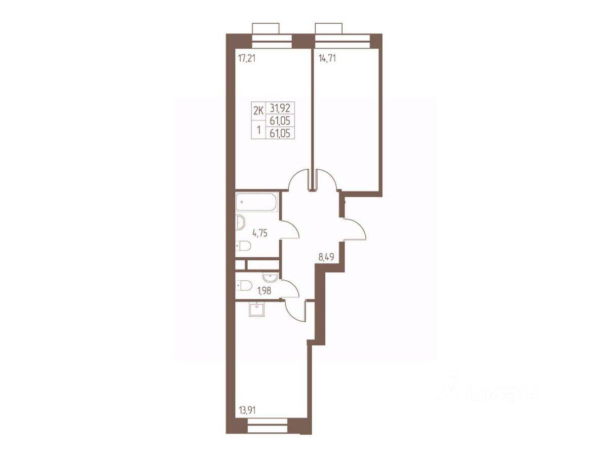 2-комн. квартира, 61,1 м², в ЖК Западная Ивантеевка
