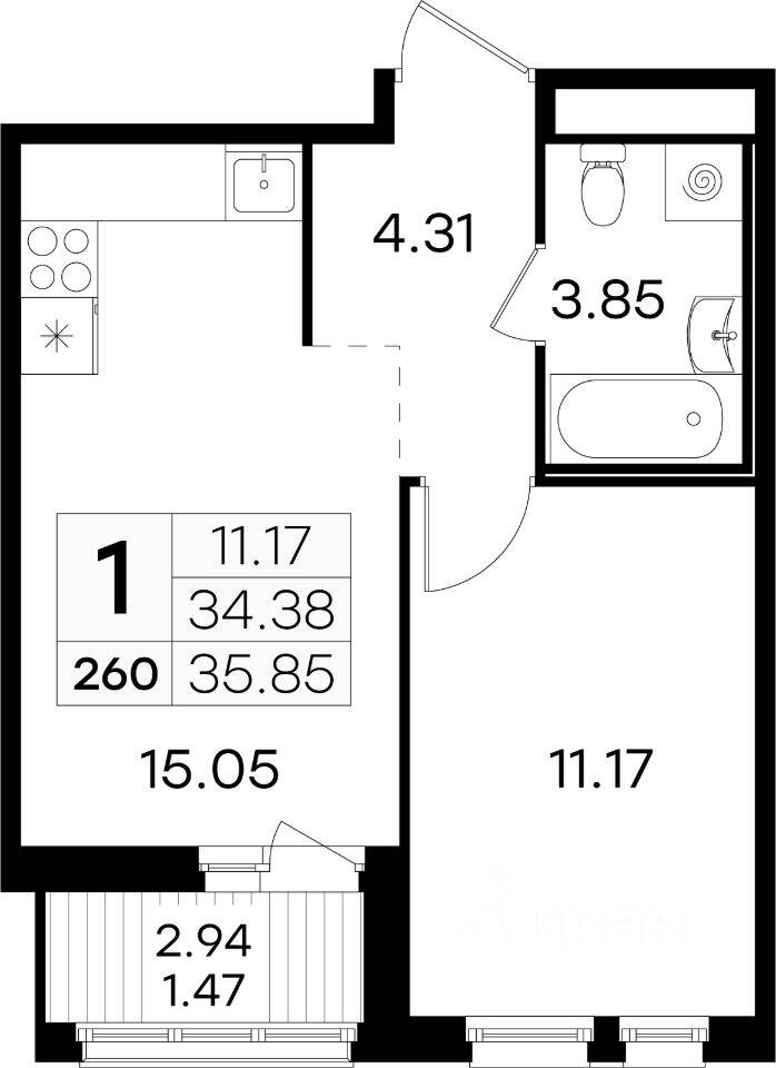 1-комн. квартира, 35,7 м², в ЖК GloraX Парголово