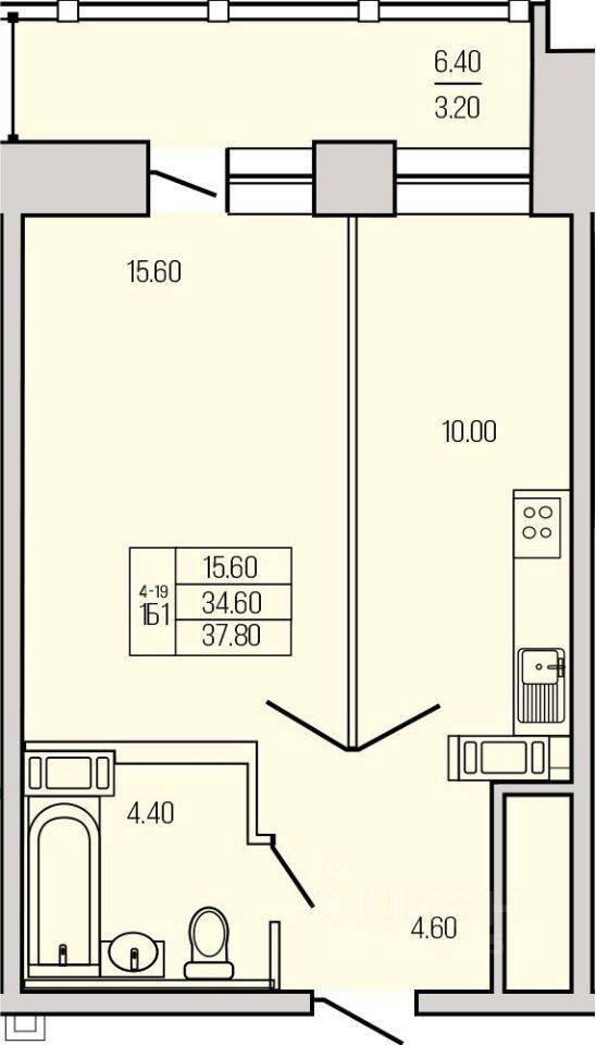 1-комн. квартира, 38,05 м², в ЖК Экос