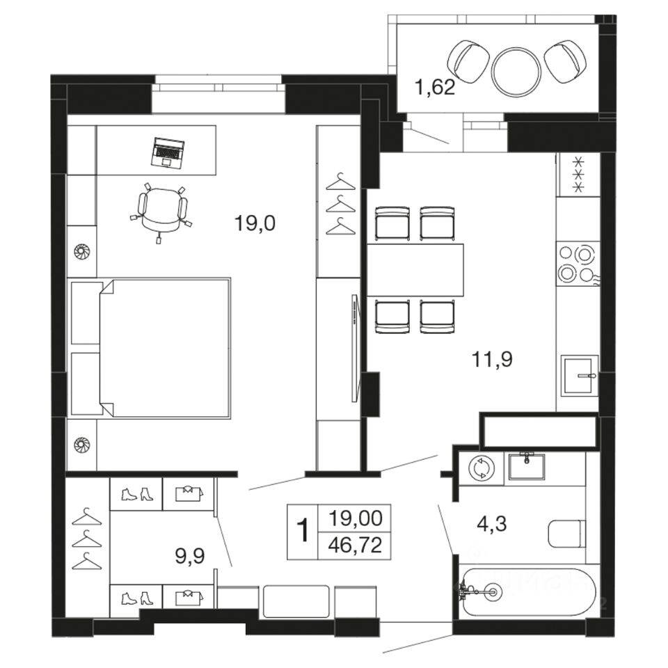 1-комн. квартира, 46,7 м², в ЖК «Времена года»