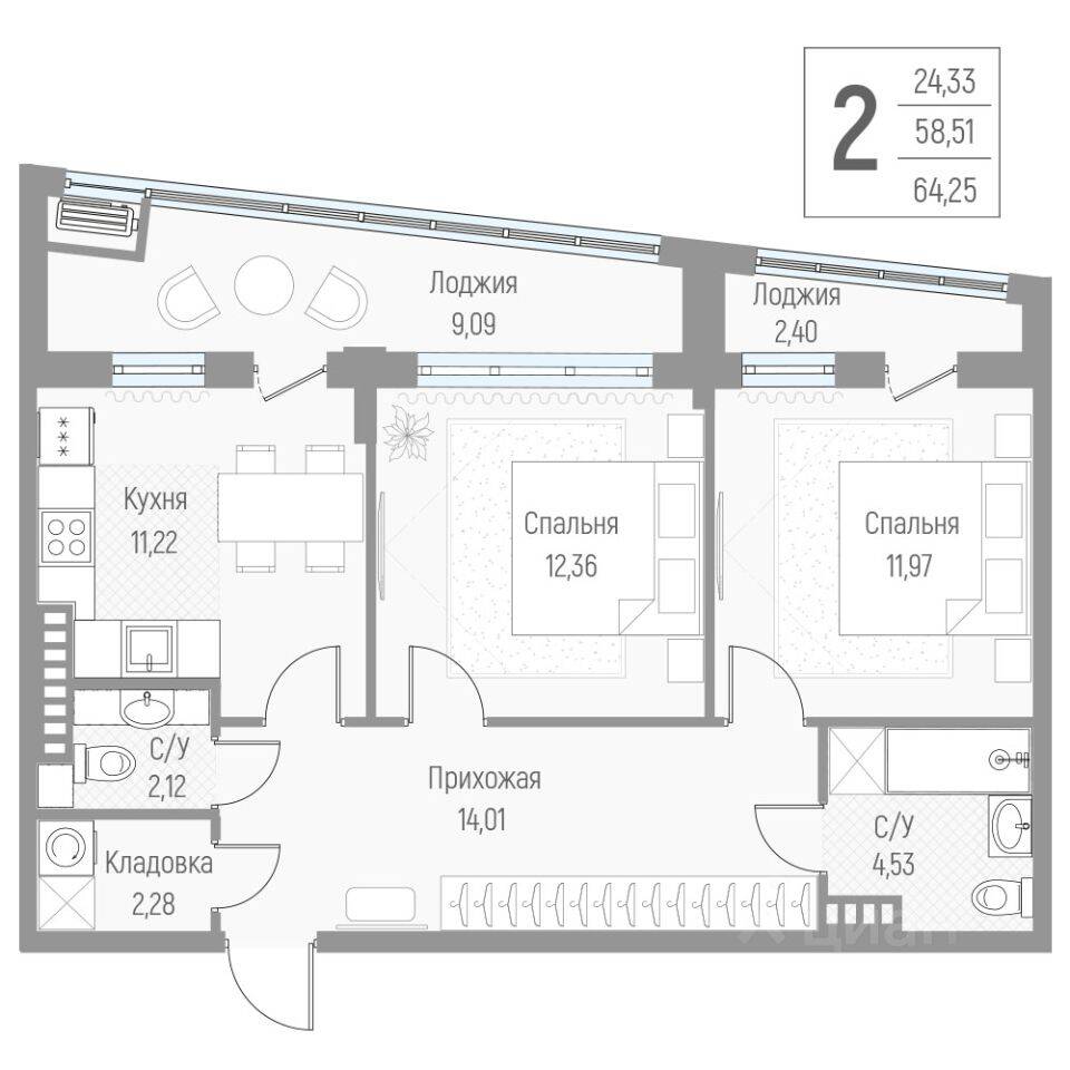 2-комн. квартира, 63,6 м², в Малоэтажный ЖК Эльйон