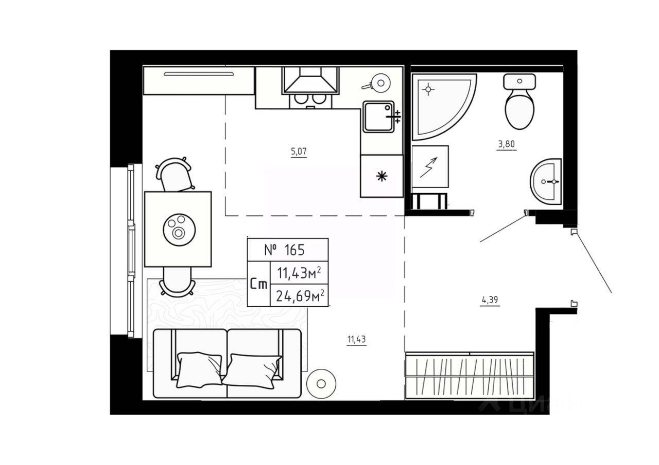 Планировка 1 комнатной квартиры, 24.69 м², в «Аннино Сити»
