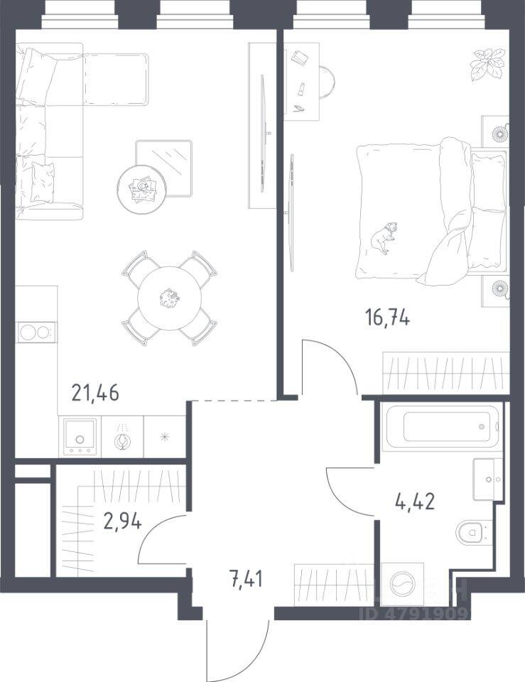 Планировка 1 комнатной квартиры, 52.97 м², в «Квартал на воде»