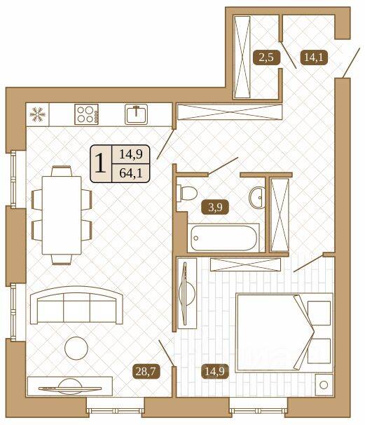 Планировка 1 комнатной квартиры, 64.1 м², в «Белый город (Сергиев Посад)»